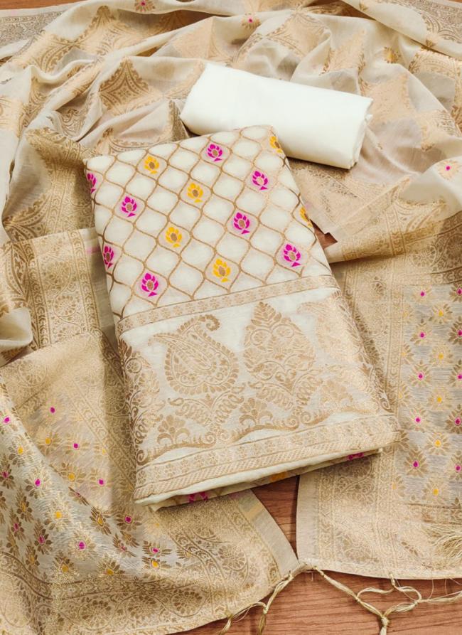 Chanderi Banarasi White Festival Wear Weaving Dress Material